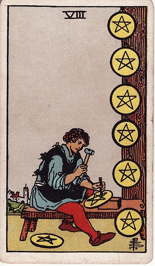 Eight of Pentacles from the historical Rider–Waite–Smith deck