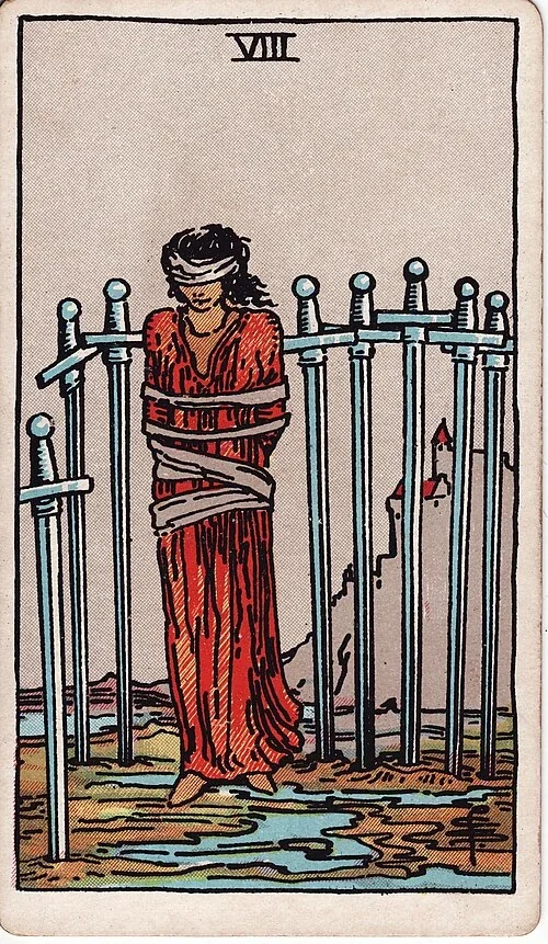 Eight of Swords from the historical Rider–Waite–Smith deck