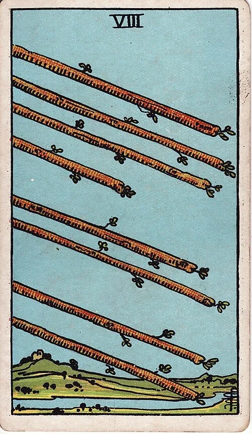 Eight of Wands from the historical Rider–Waite–Smith deck