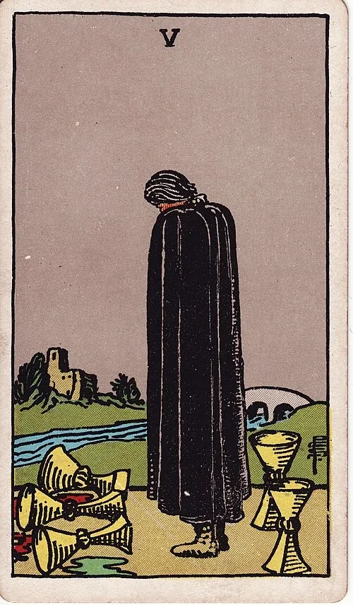 Five of Cups from the historical Rider–Waite–Smith deck