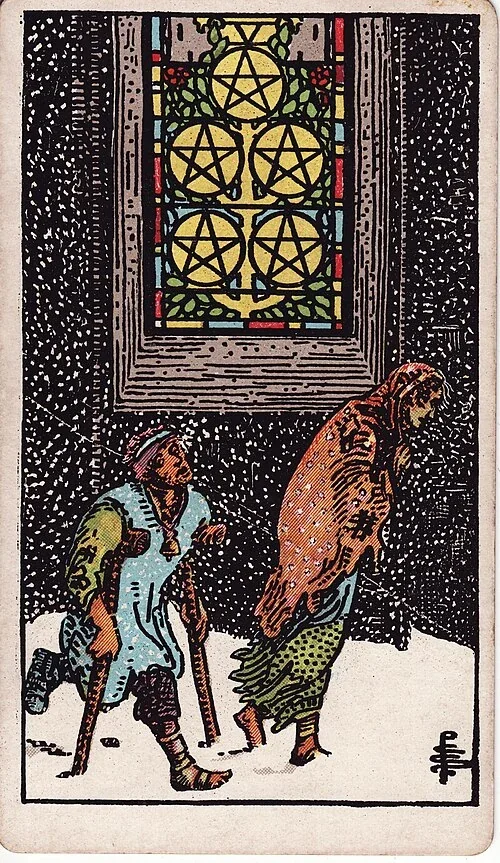 Five of Pentacles from the historical Rider–Waite–Smith deck