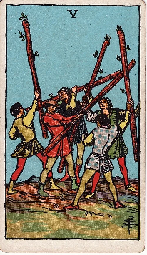 Five of Wands from the historical Rider–Waite–Smith deck