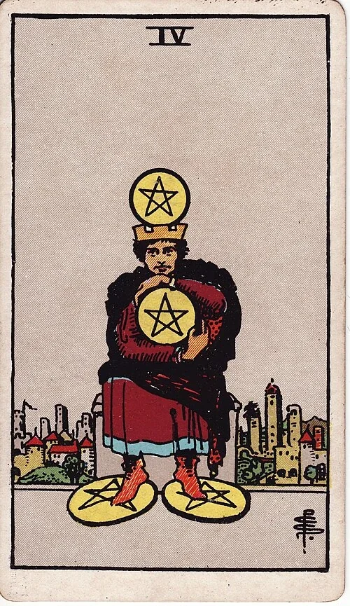 Four of Pentacles from the historical Rider–Waite–Smith deck