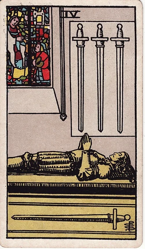 Four of Swords from the historical Rider–Waite–Smith deck