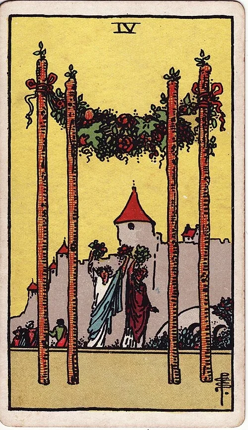 Four of Wands from the historical Rider–Waite–Smith deck