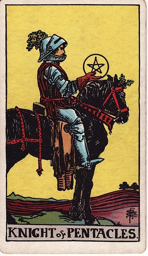 Knight of Pentacles from the historical Rider–Waite–Smith deck