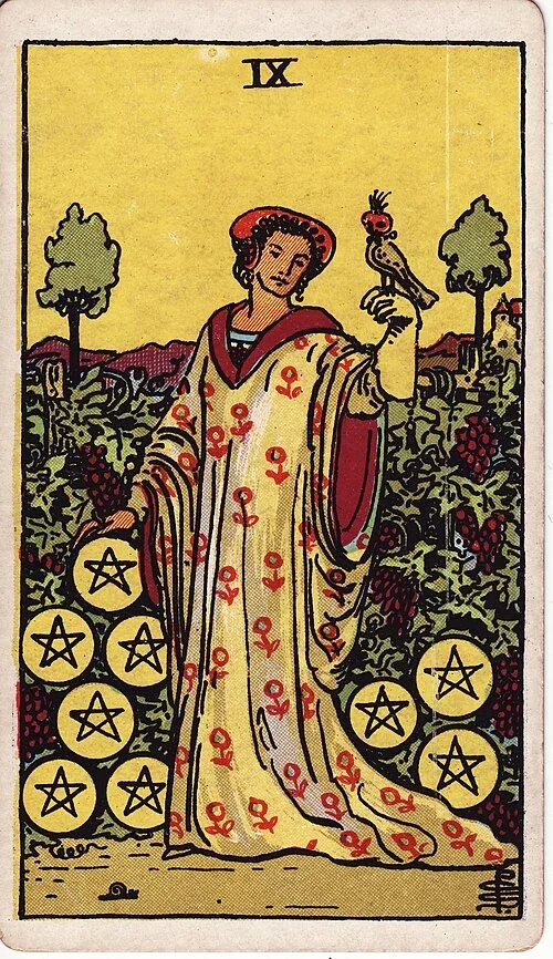 Nine of Pentacles from the historical Rider–Waite–Smith deck