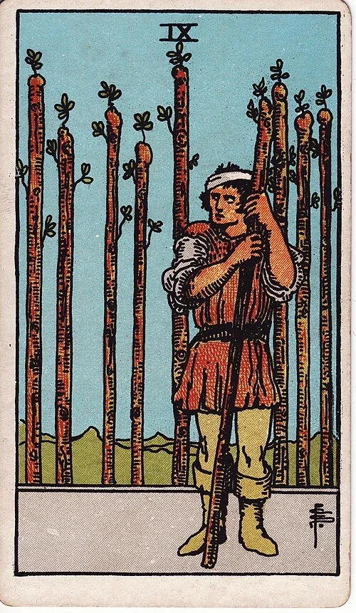 Nine of Wands from the historical Rider–Waite–Smith deck