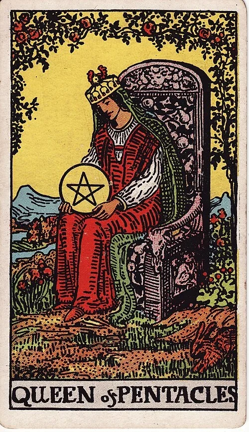 Queen of Pentacles from the historical Rider–Waite–Smith deck