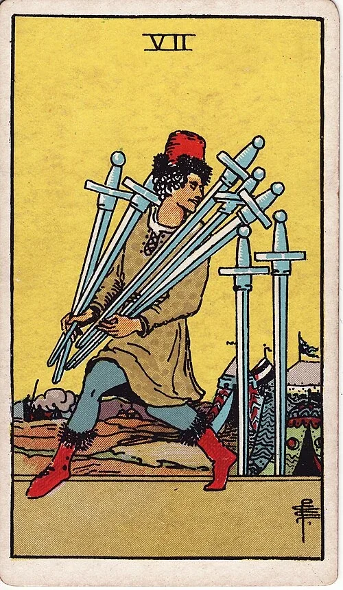 Seven of Swords from the historical Rider–Waite–Smith deck