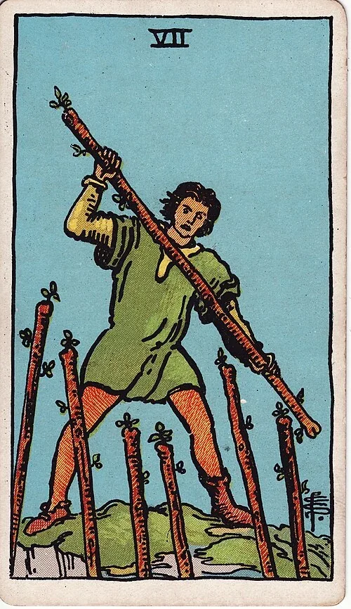 Seven of Wands from the historical Rider–Waite–Smith deck