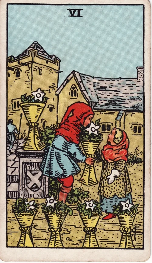 Six of Cups from the historical Rider–Waite–Smith deck