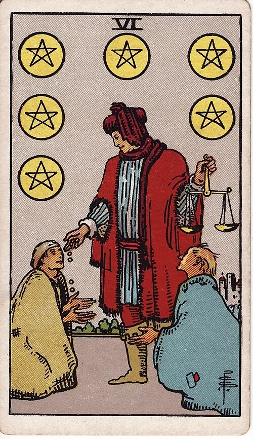 Six of Pentacles from the historical Rider–Waite–Smith deck