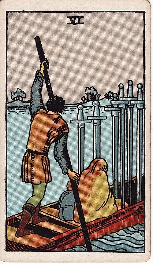 Six of Swords from the historical Rider–Waite–Smith deck