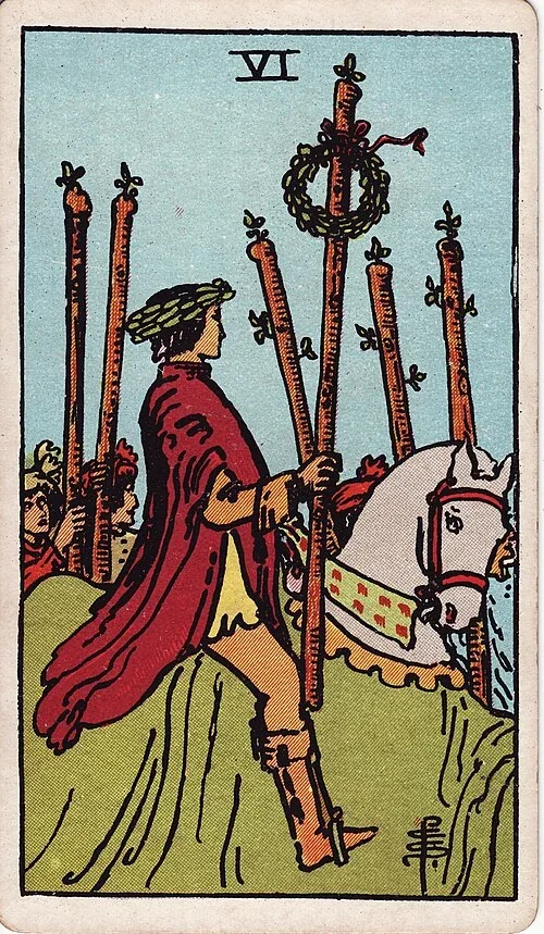 Six of Wands from the historical Rider–Waite–Smith deck