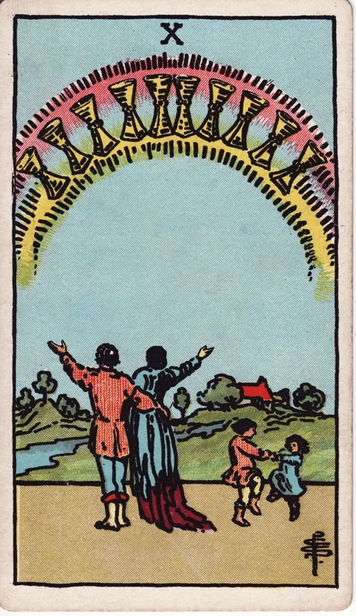 Ten of Cups from the historical Rider–Waite–Smith deck