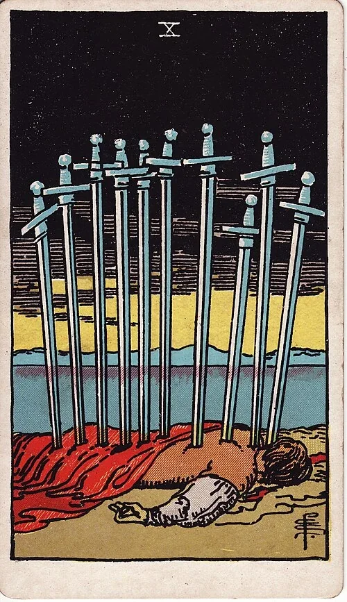 Ten of Swords from the historical Rider–Waite–Smith deck