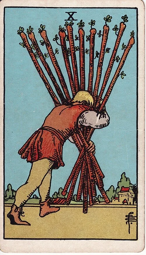 Ten of Wands from the historical Rider–Waite–Smith deck