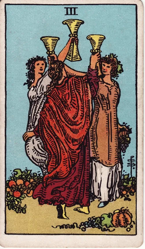 Three of Cups from the historical Rider–Waite–Smith deck