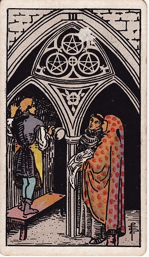 Three of Pentacles from the historical Rider–Waite–Smith deck