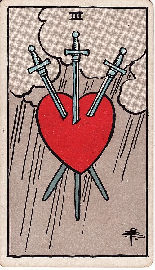 Three of Swords from the historical Rider–Waite–Smith deck