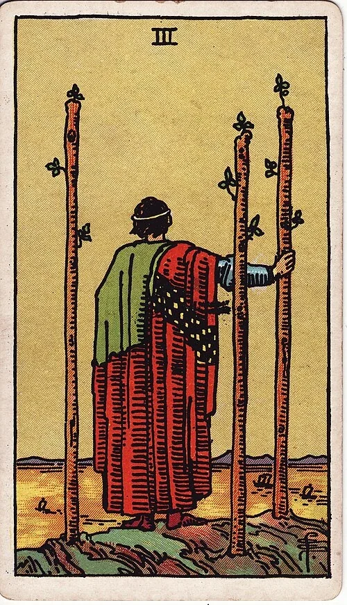 Three of Wands from the historical Rider–Waite–Smith deck
