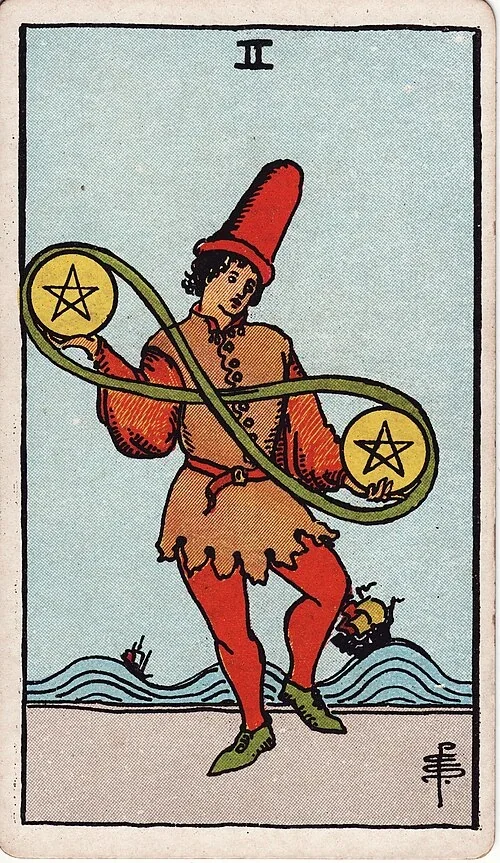 Two of Pentacles from the historical Rider–Waite–Smith deck