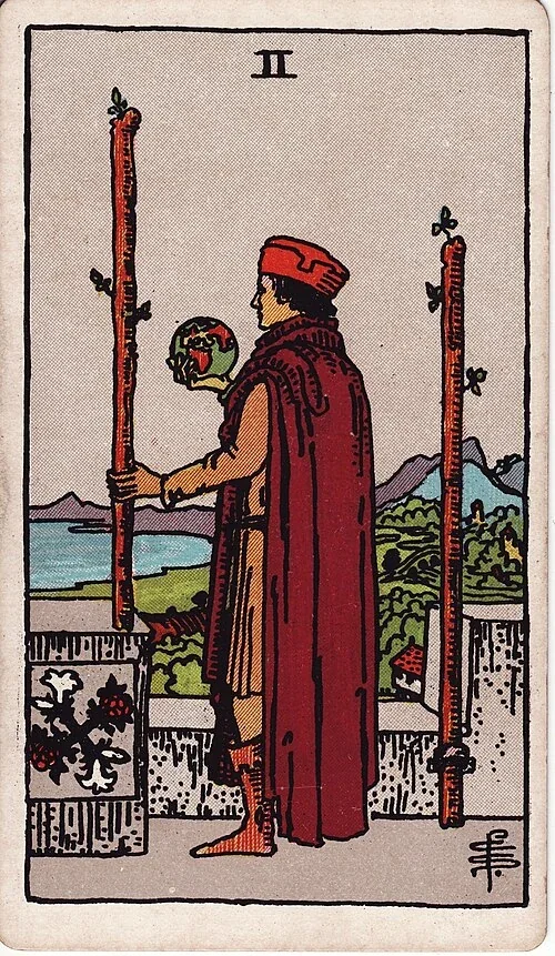 Two of Wands from the historical Rider–Waite–Smith deck
